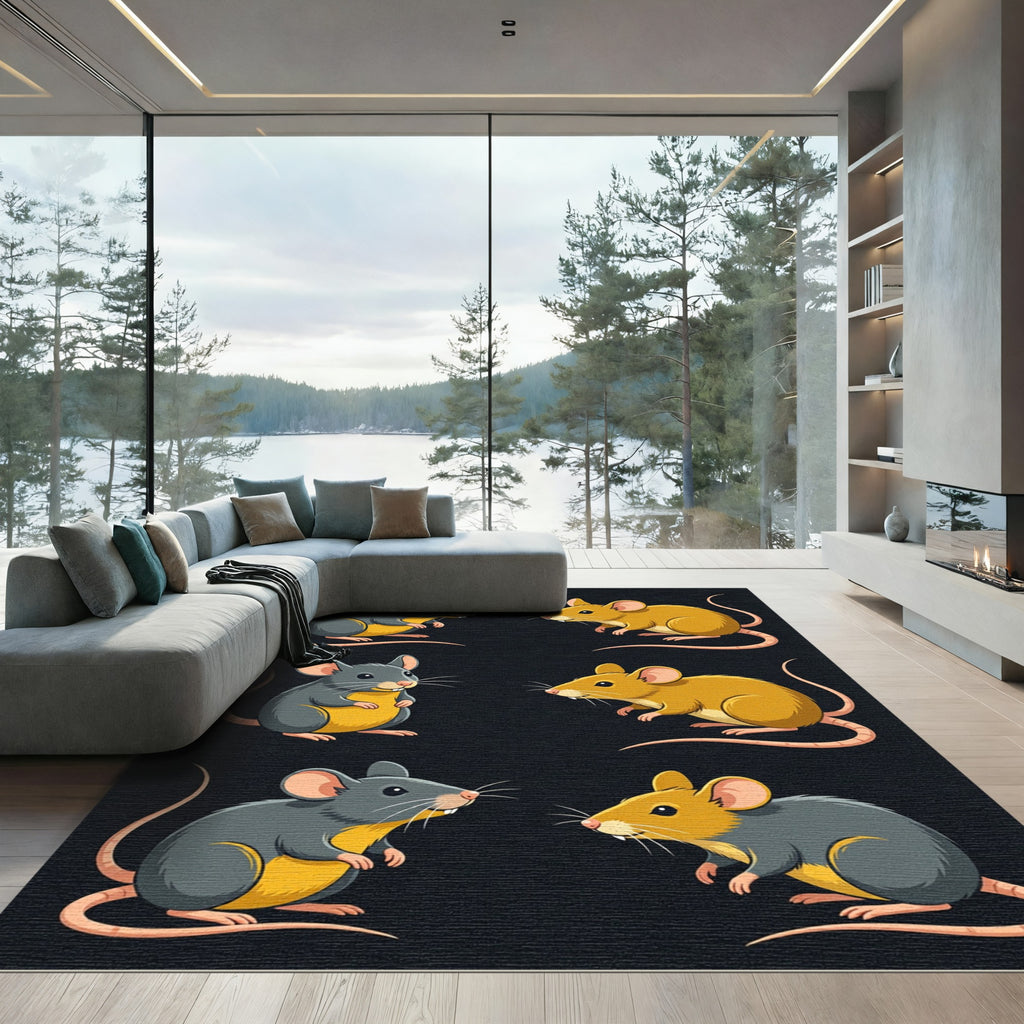 Playful Gray and Gold Cartoon Mice Rug