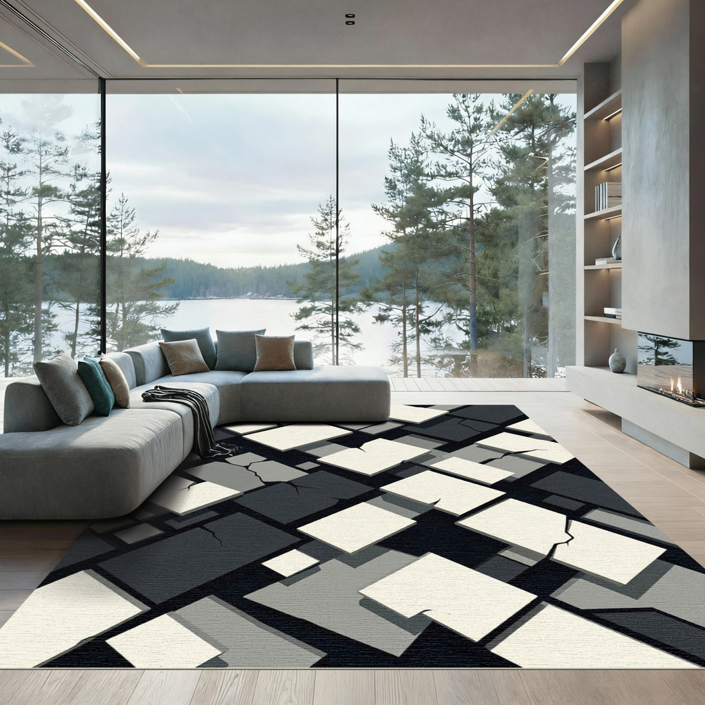 Monochrome Geometric Fracture Abstract Block Rug