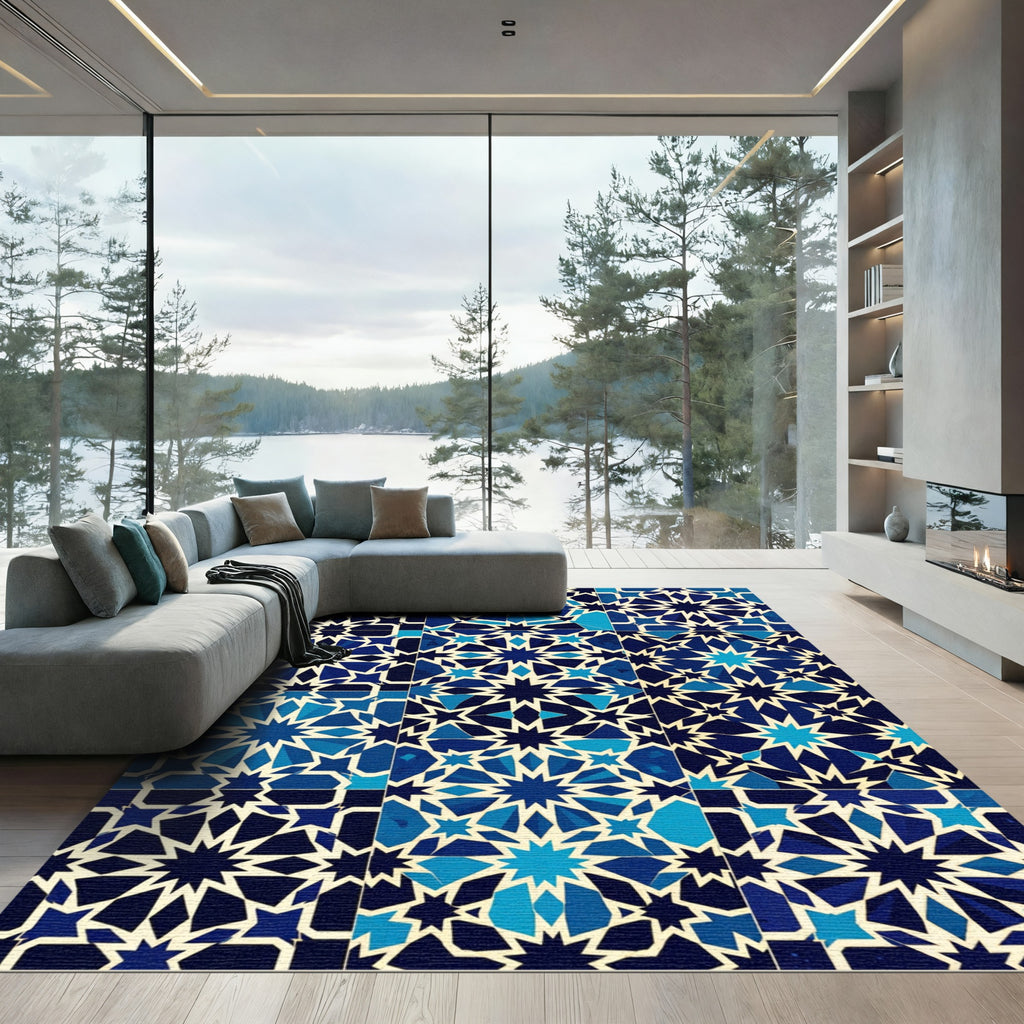 Navy Blue Starburst Geometric Medallion Rug