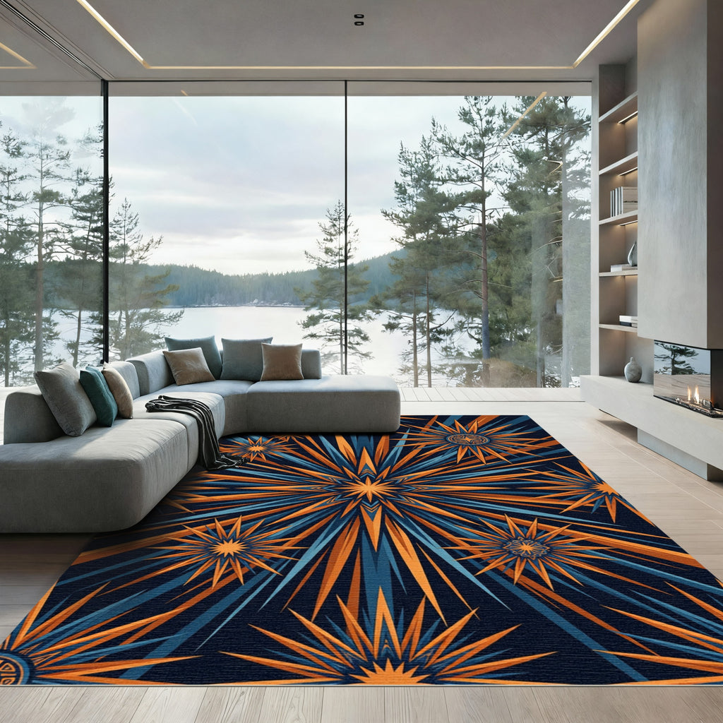 Geometric Golden Starburst Navy Radiance Rug