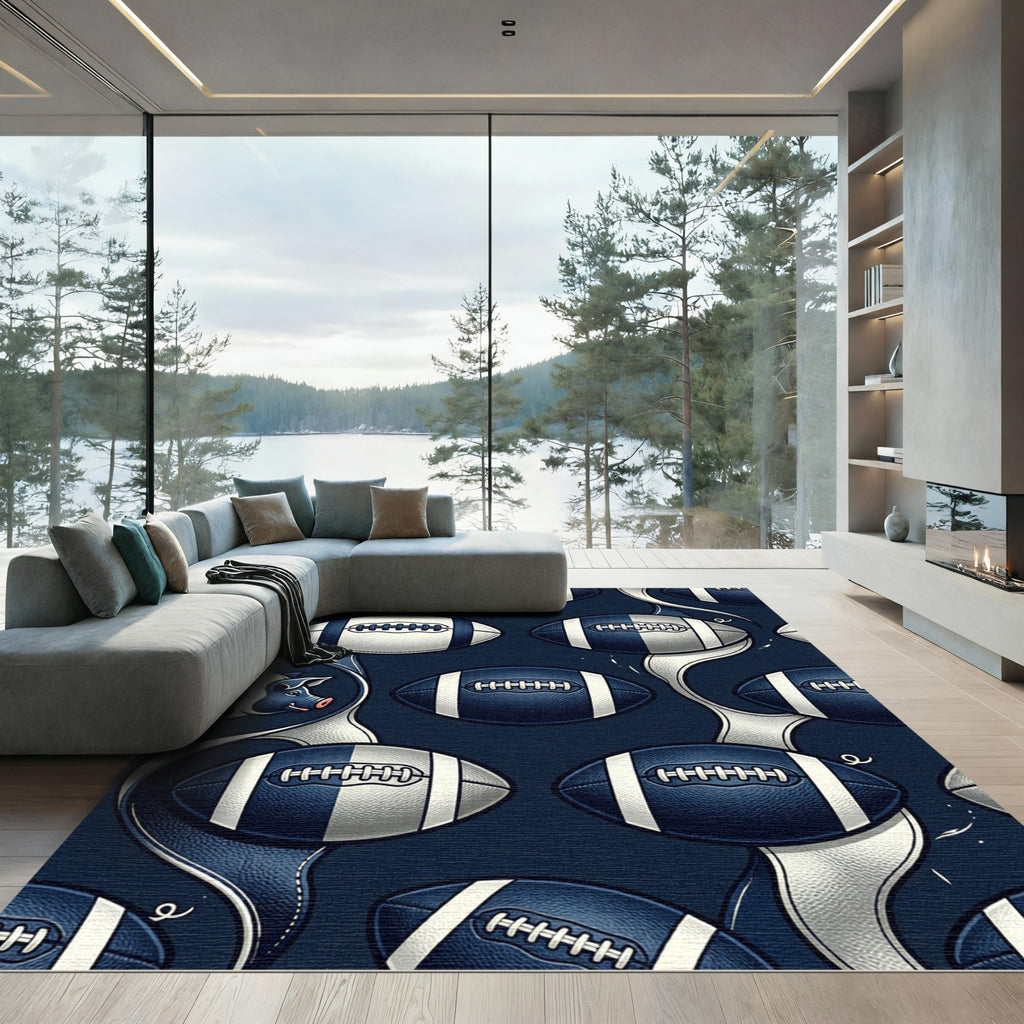 Navy Blue Pigskin Football Grid Rug