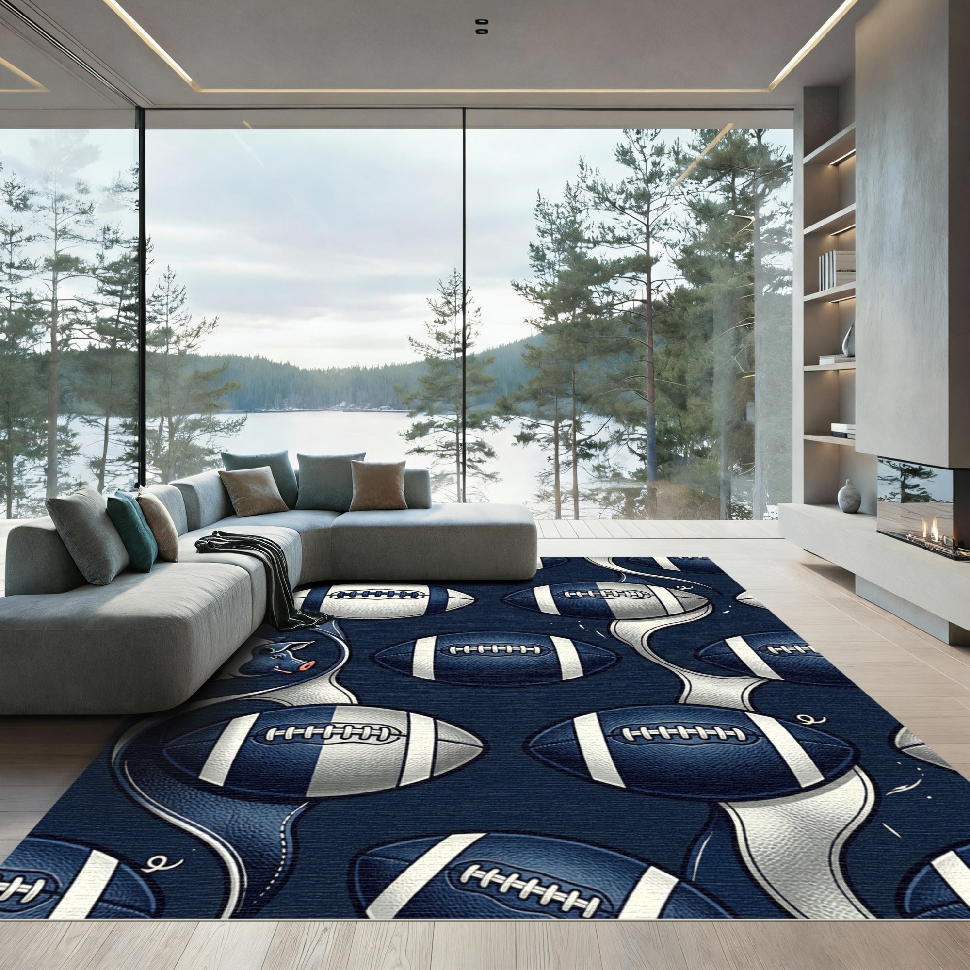 Navy Blue Pigskin Football Grid Rug