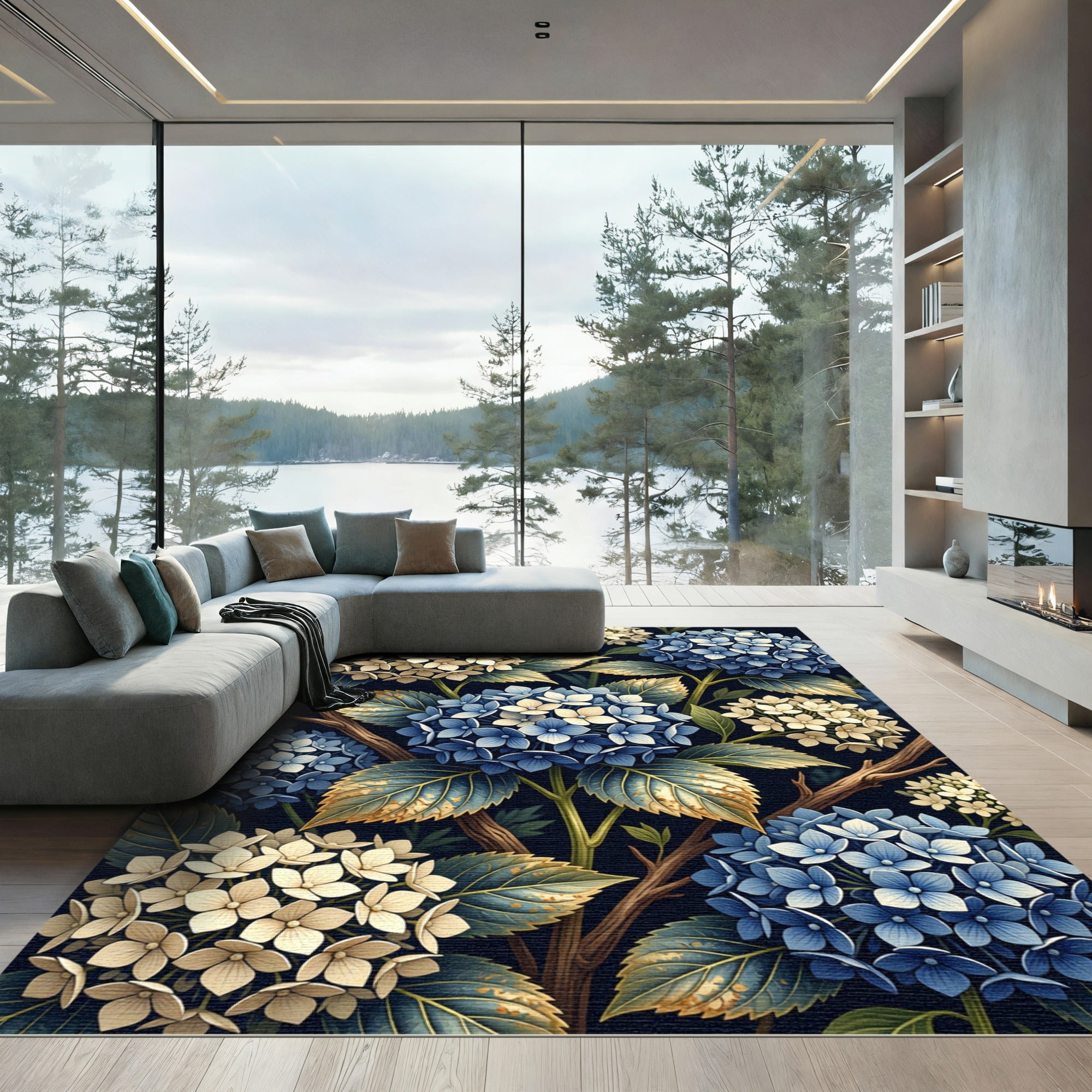 Botanical Hydrangea Floral Navy Cream Rug