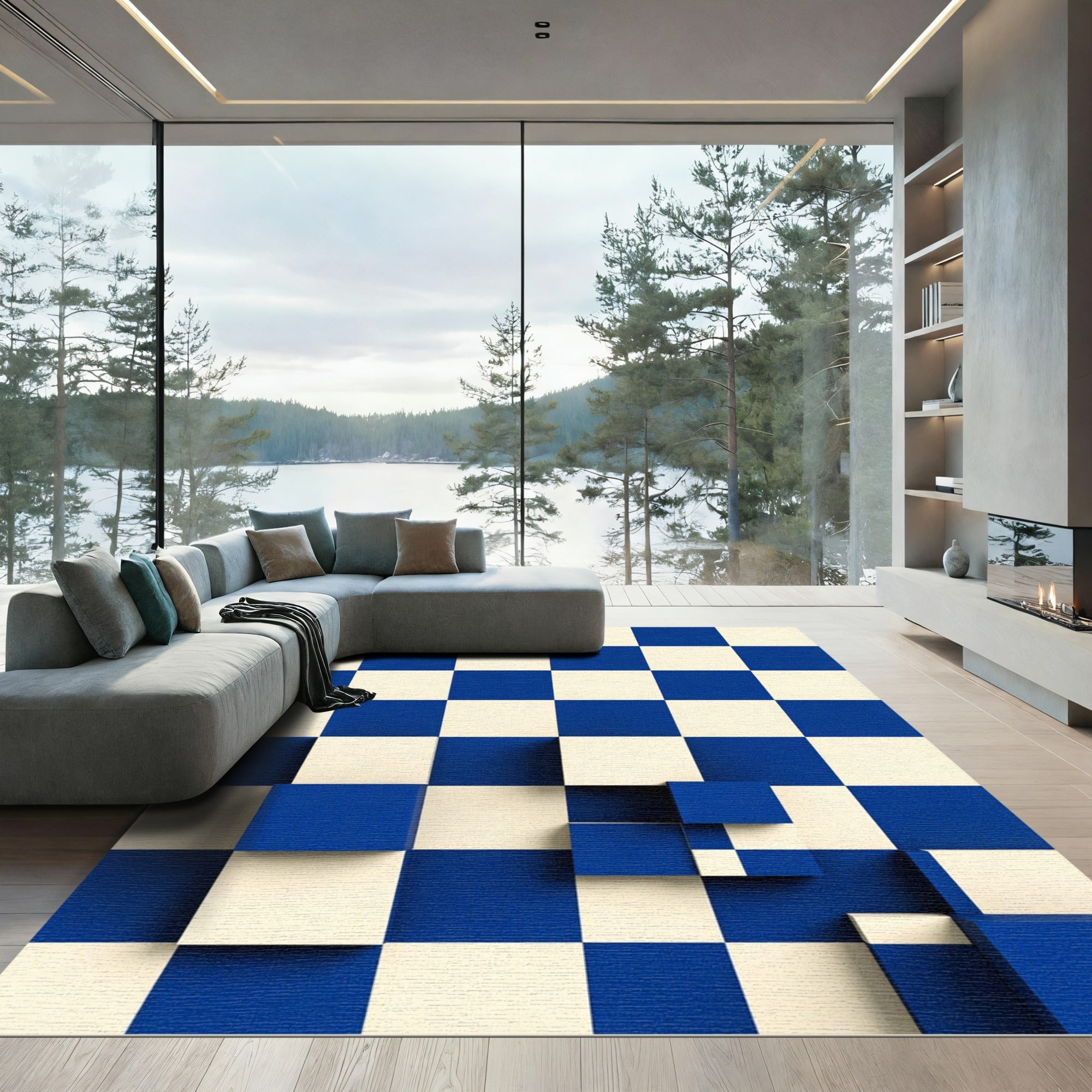 Cobalt Cream Checkerboard Cubes Rug