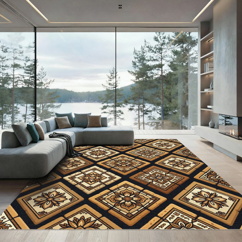 Ornate Golden Brown Geometric Tile Rug