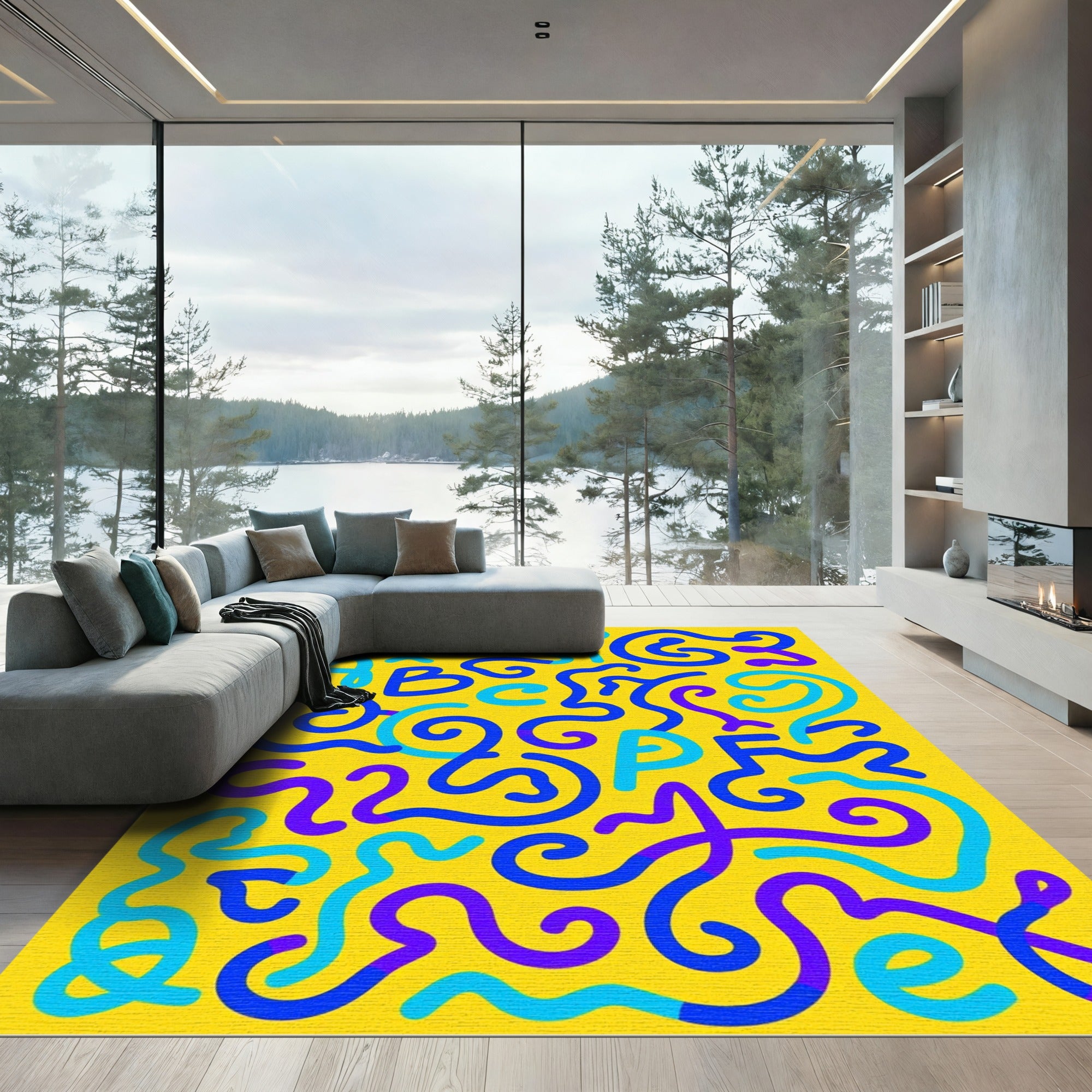 Bright Yellow Playful Alphabet Swirls Rug