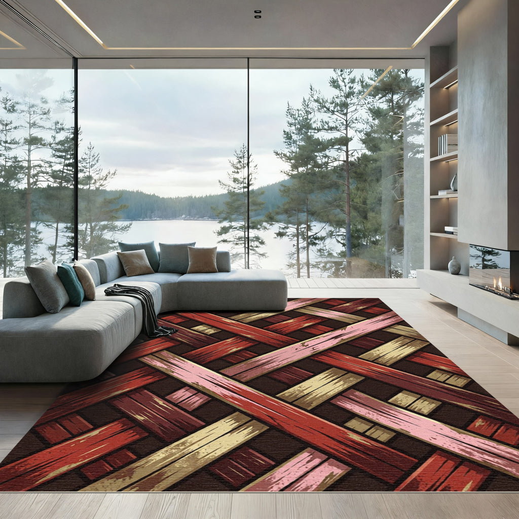 Woven Crimson and Golden Diagonal Lattice Rug