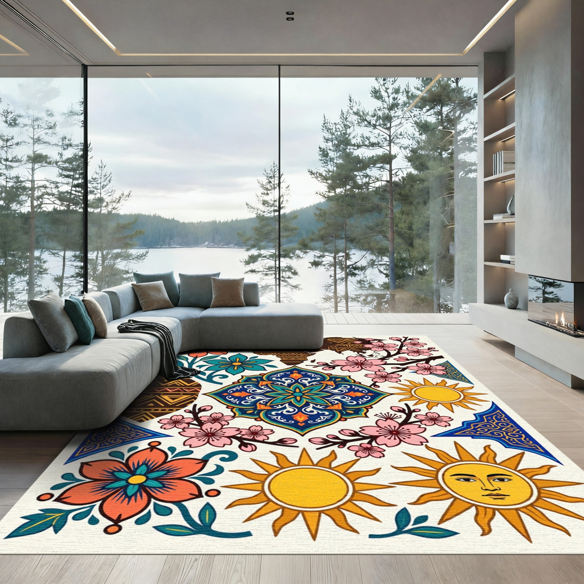 Vibrant Floral Sun Medallion Earth Collage Rug