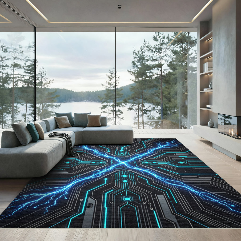 Electric Blue Cybernetic Circuit Grid Rug