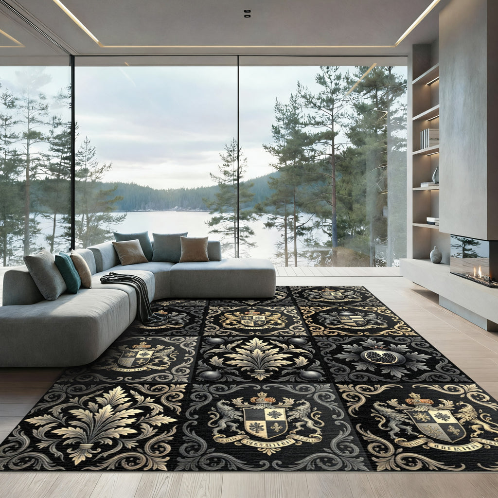 Damask Black Gold Floral Crests Rug