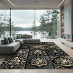Damask Black Gold Floral Crests Rug