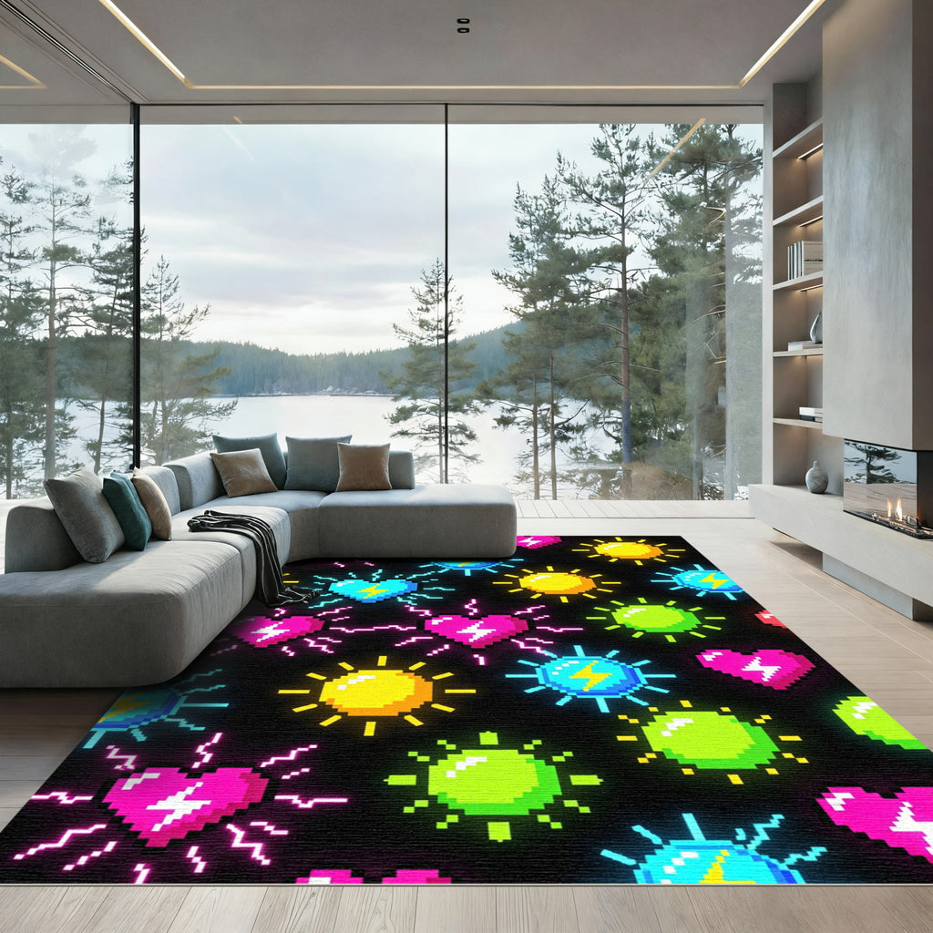 Neon Retro Pixel Heart Lightning Sun Rug