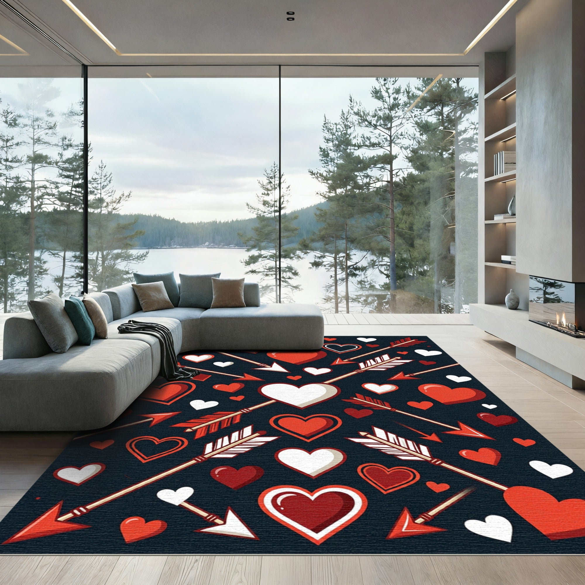 Red White Heart Arrow Collage Rug