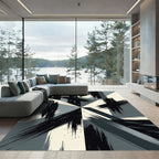 Modern Black White Geometric Brushstroke Rug