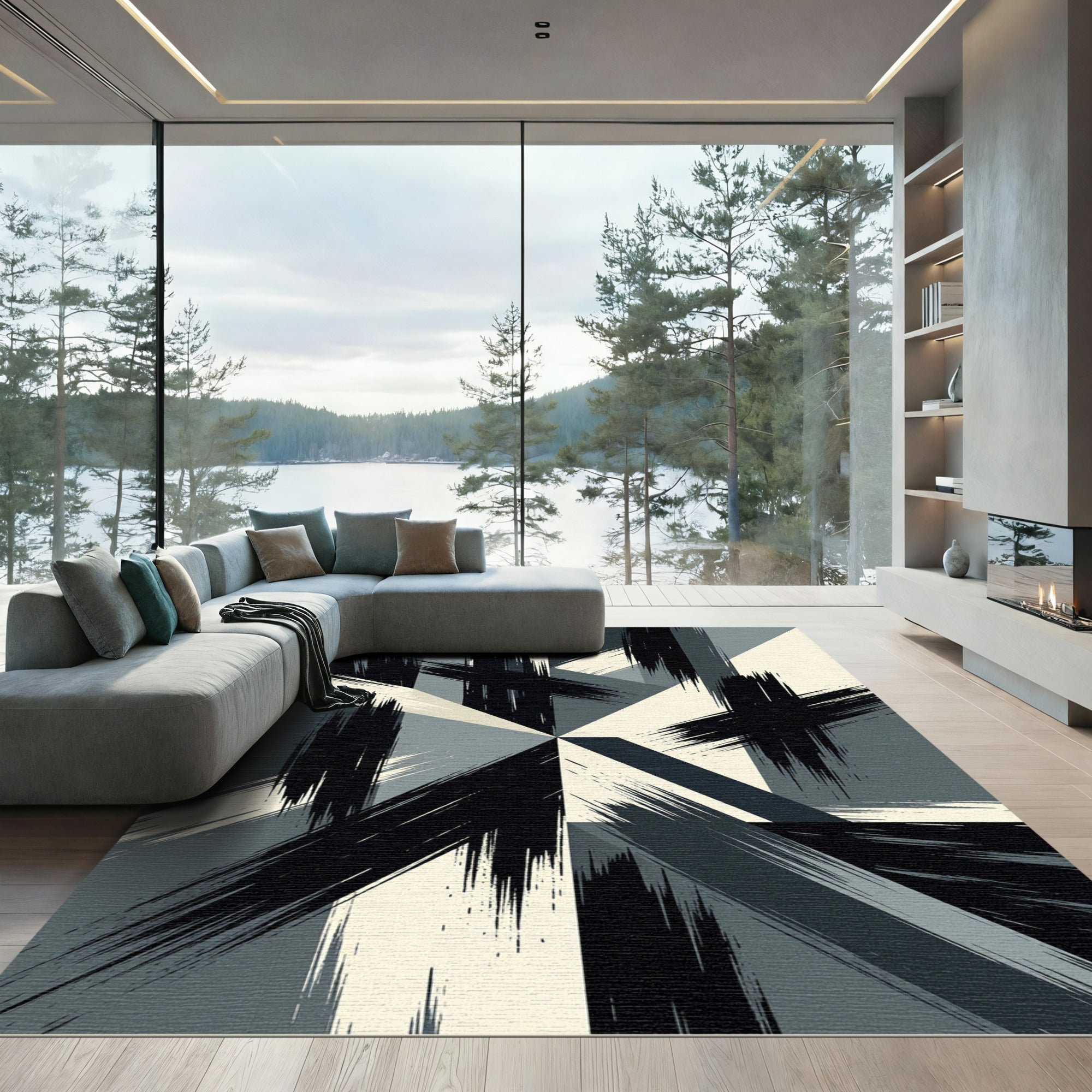 Modern Black White Geometric Brushstroke Rug