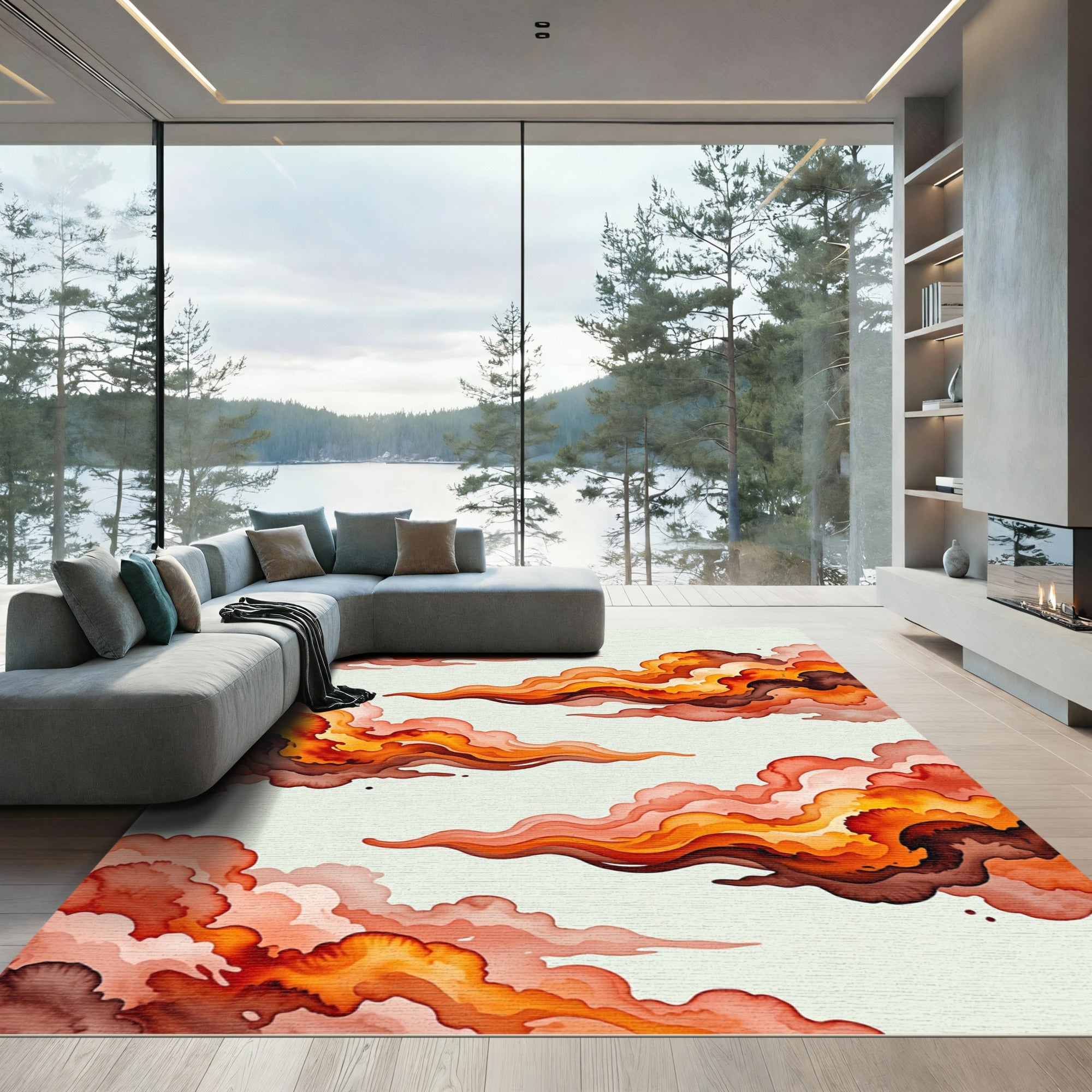 Ethereal Sunset Orange Abstract Cloud Wave Rug