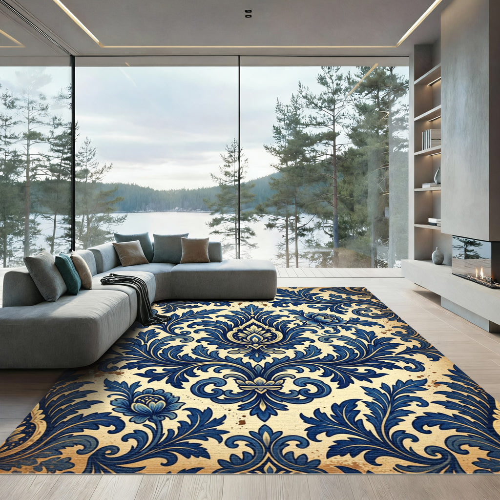 Ornate Royal Blue Floral Damask Rug