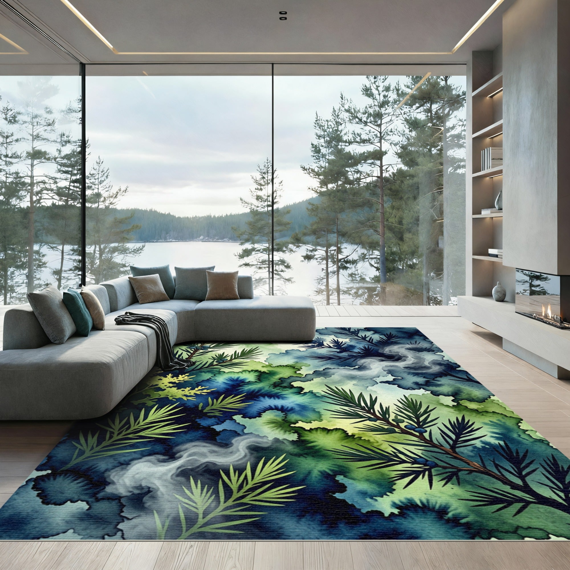 Watercolor Juniper Berry Forest Foliage Rug