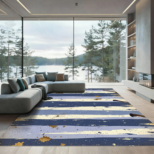 Abstract Navy and Gold Painted Strokes Rug