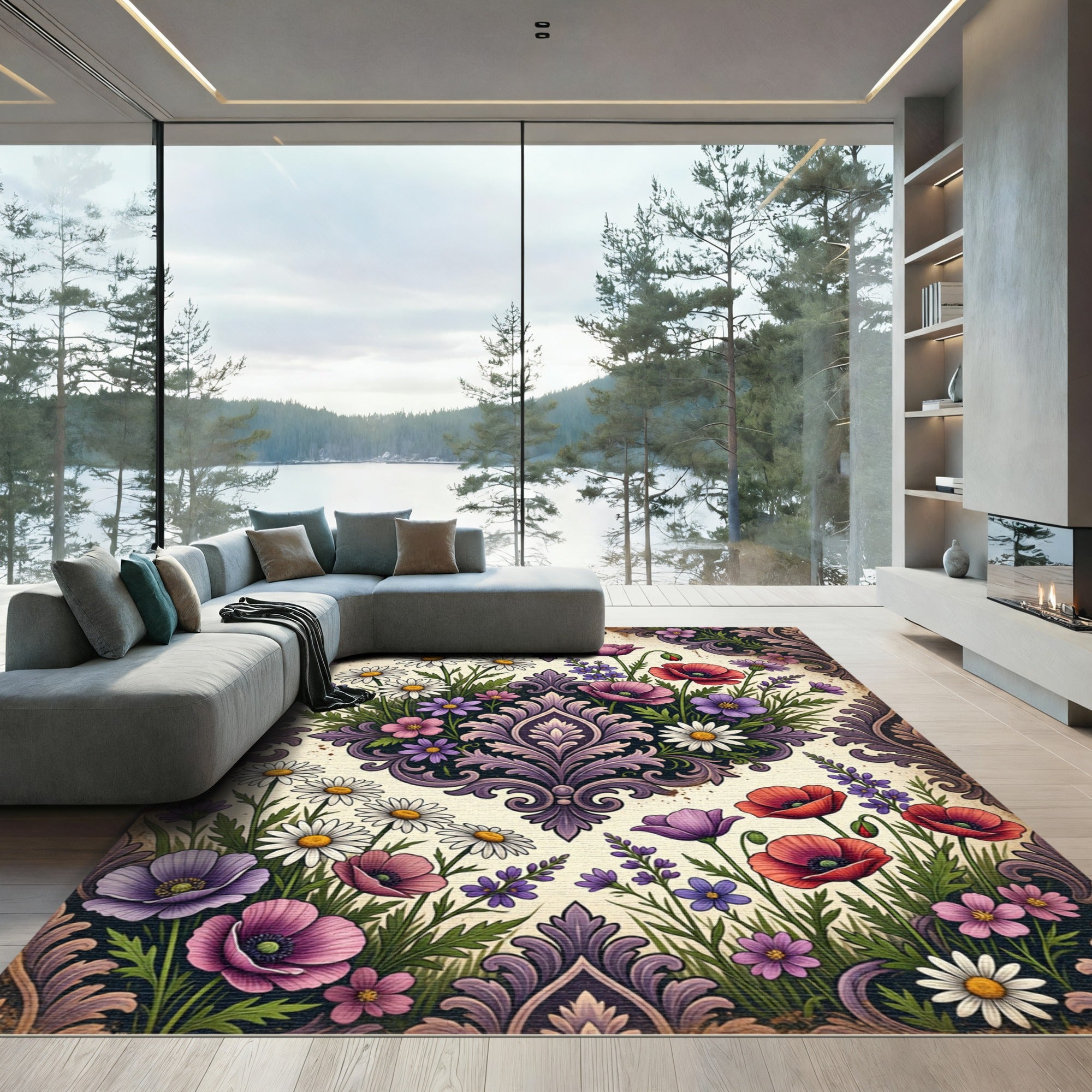 Floral Damask Garden in Purple Hues Rug