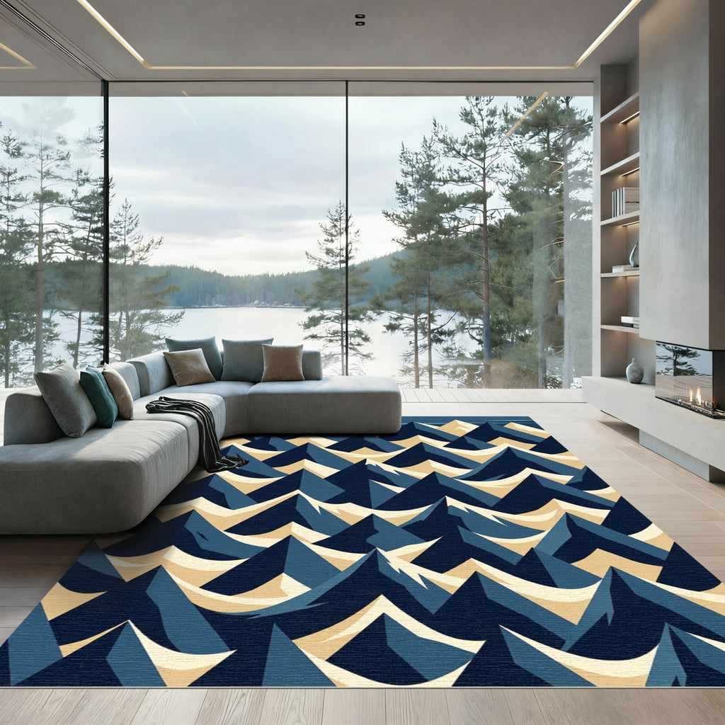 Geometric Navy and Cream Mountain Peak Rug