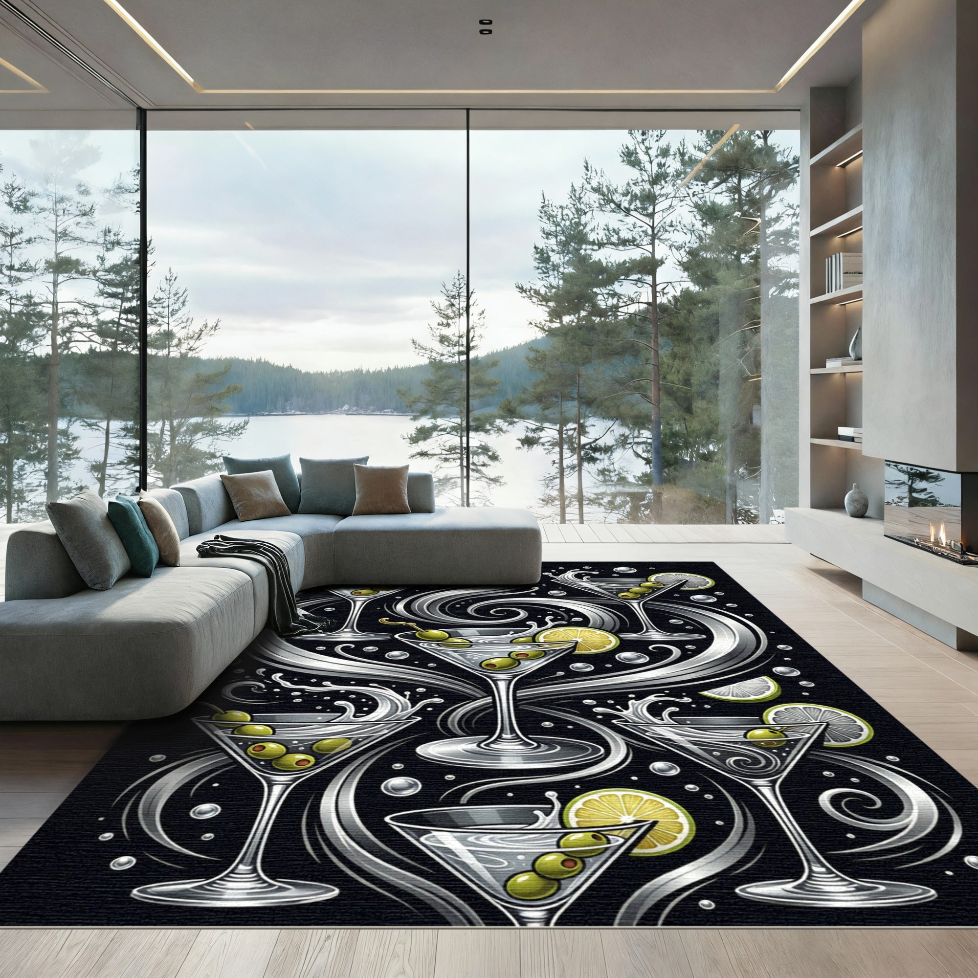 Monochrome Martini Olive Swirl Art Rug