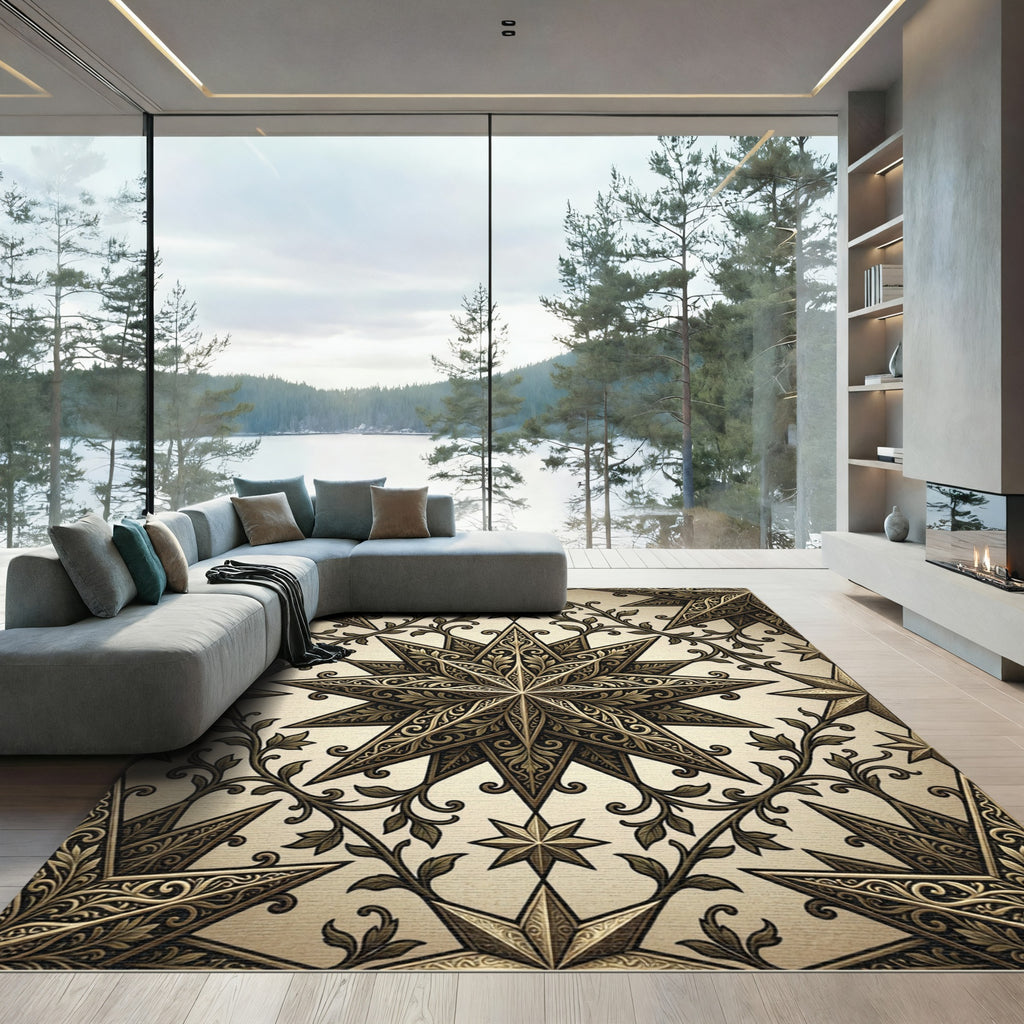 Ornate Golden Celestial Star Filigree Rug