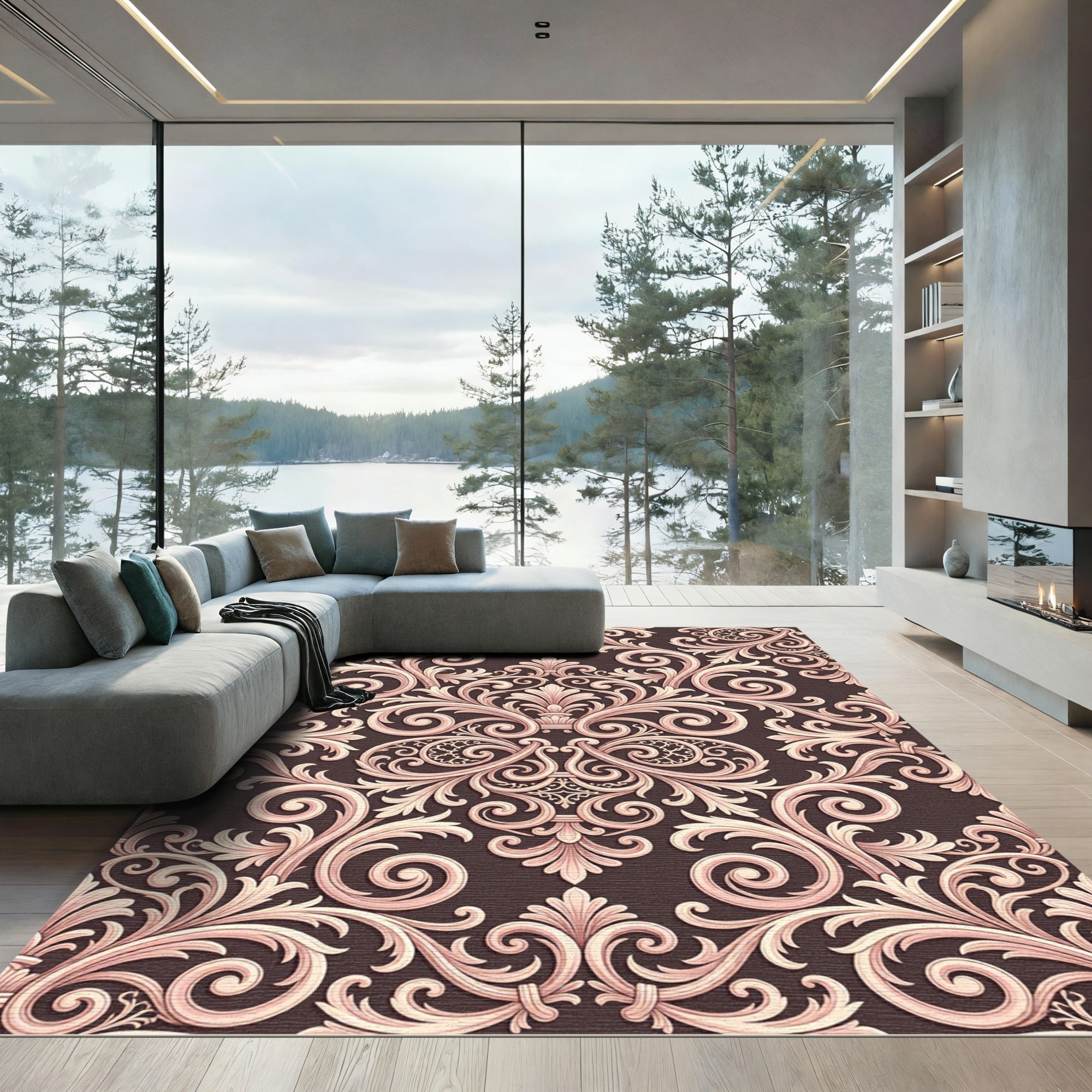 Ornate Rose Gold Scrollwork Baroque Rug