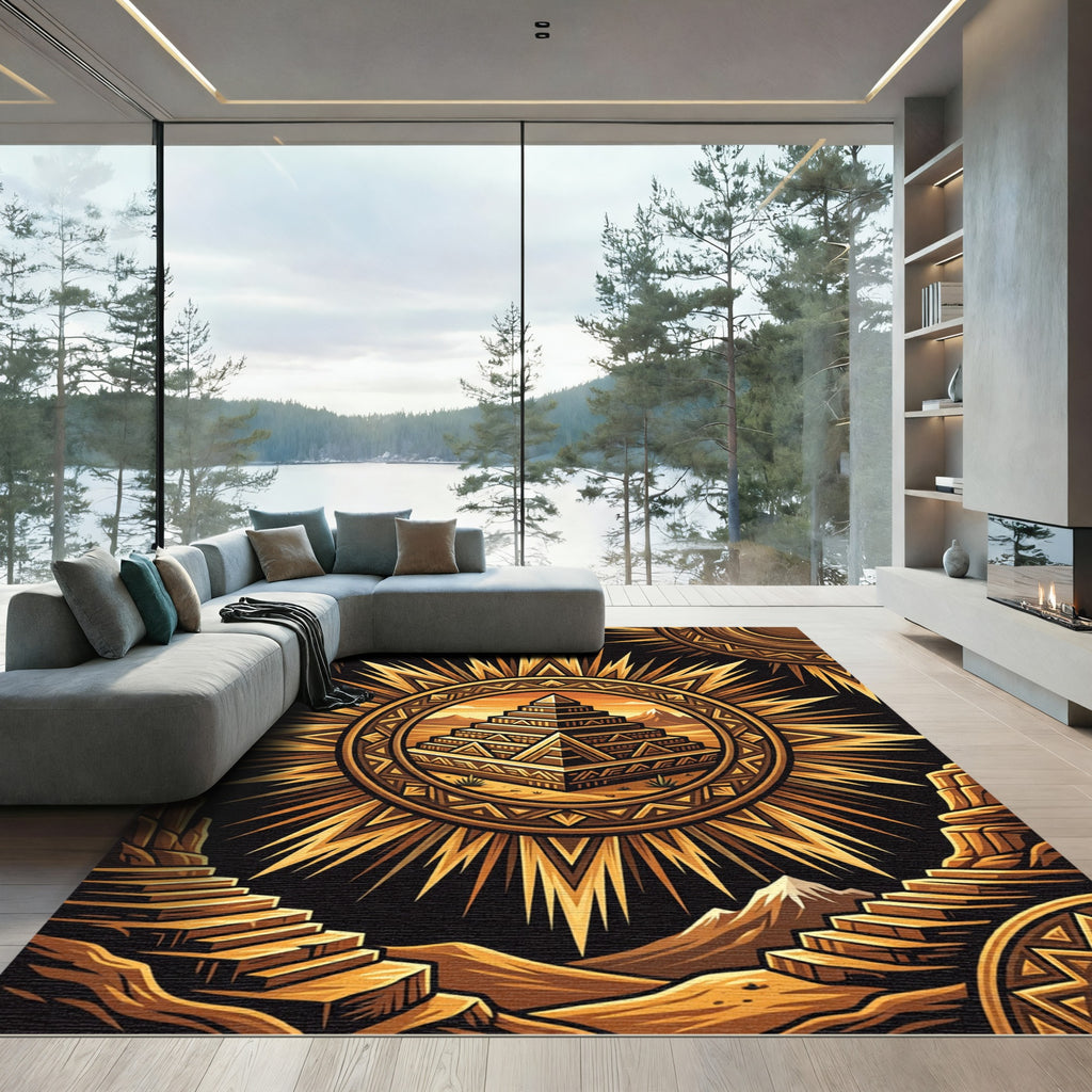 Golden Sun Pyramid Aztec Geometric Rug