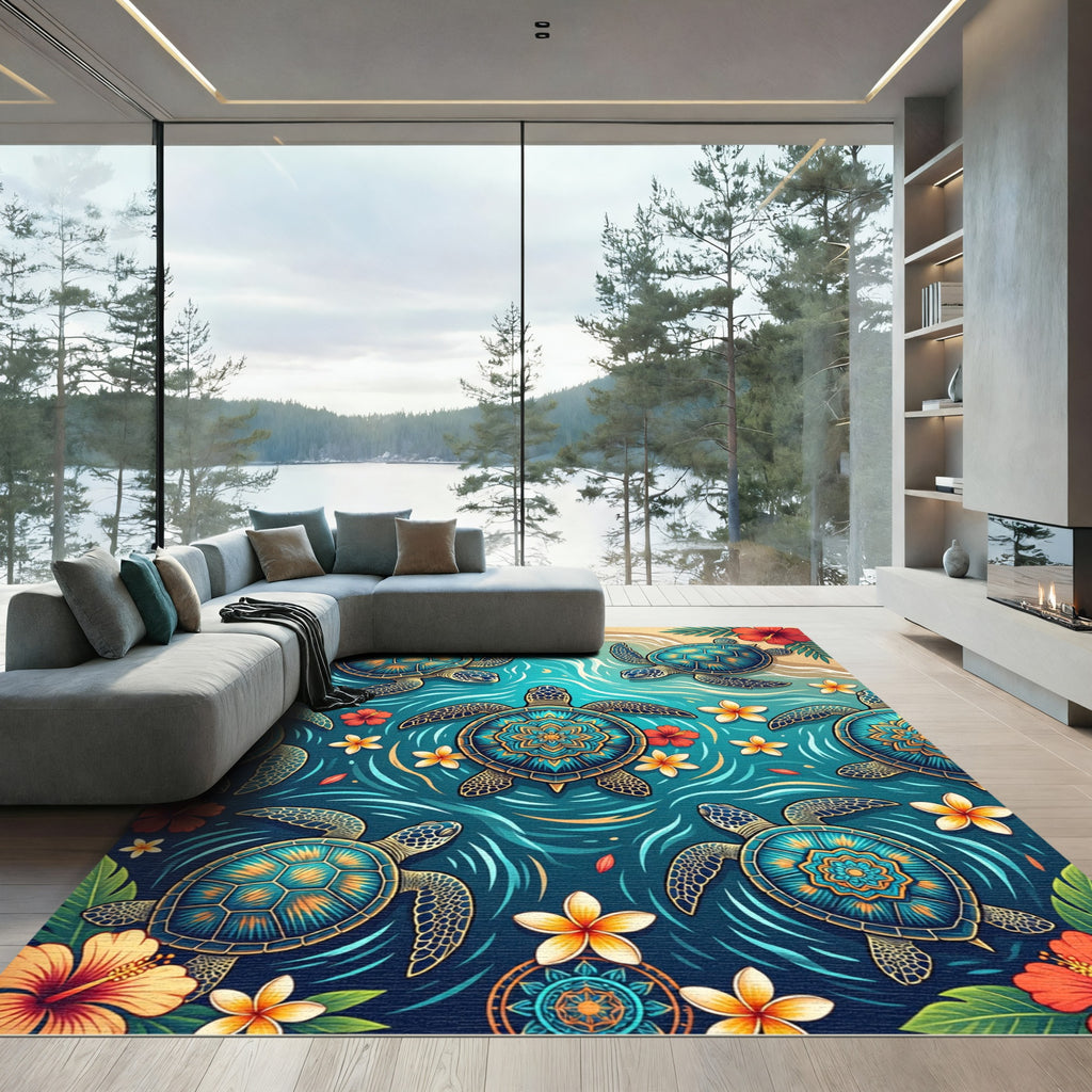 Tropical Sea Turtle Mandala Teal Ocean Rug