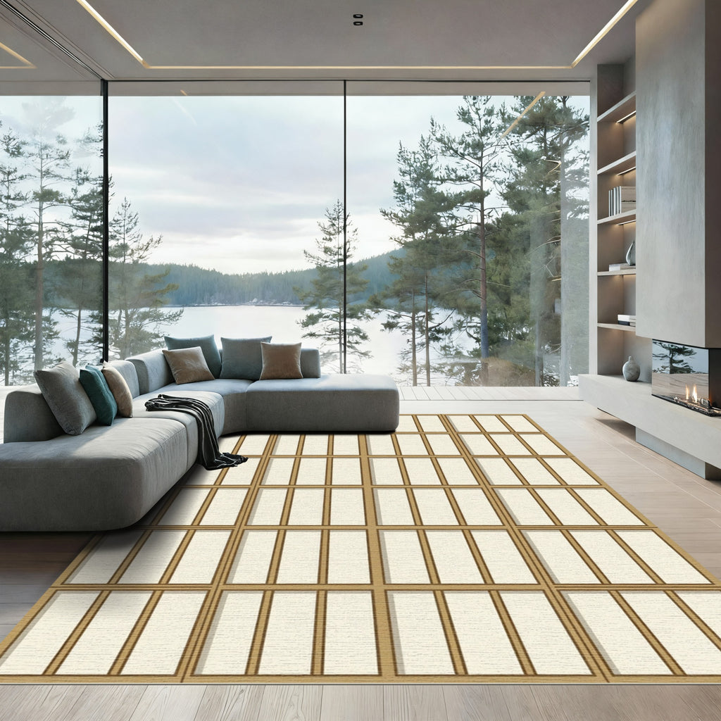 Minimalist Cream Geometric Grid Neutral Rug