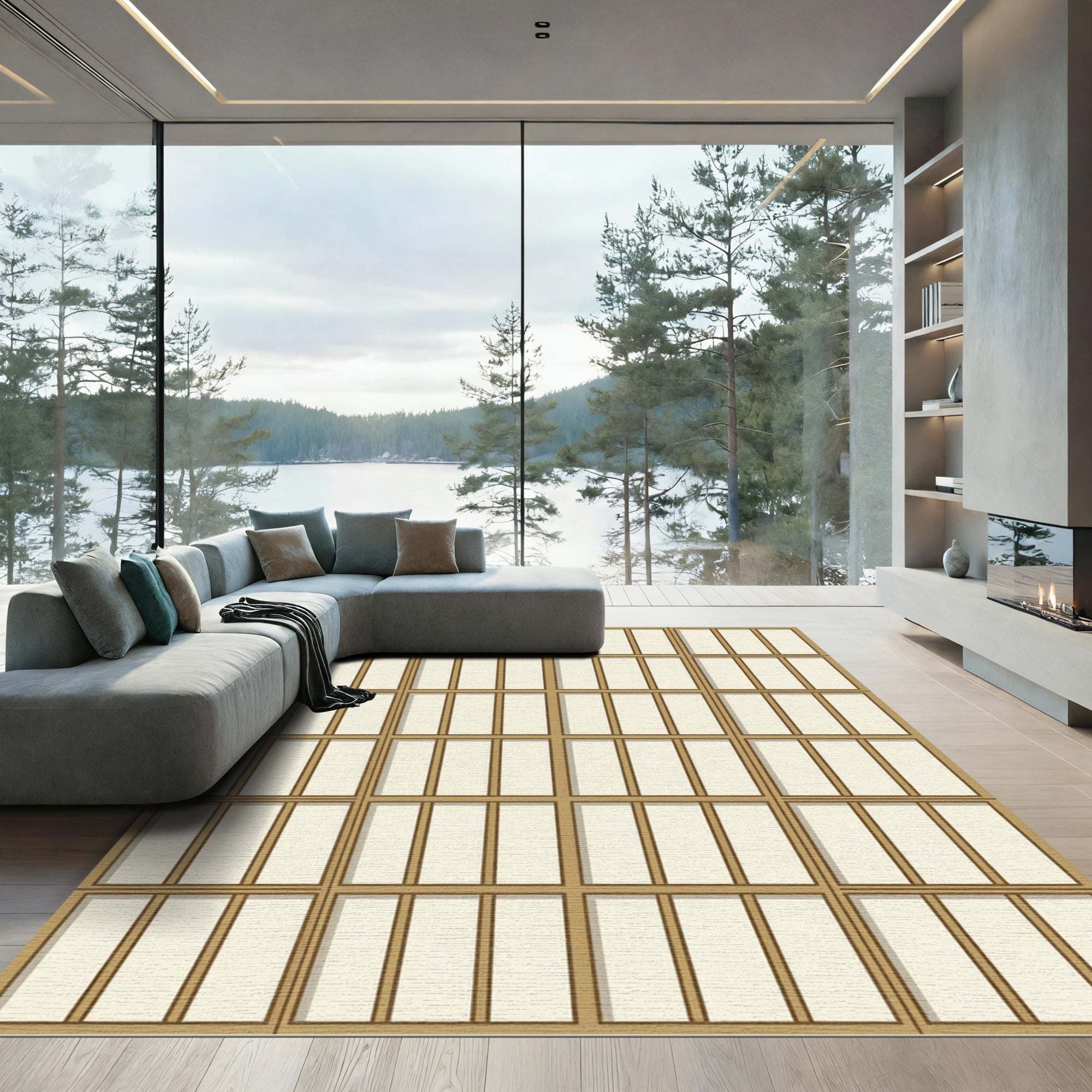 Minimalist Cream Geometric Grid Neutral Rug