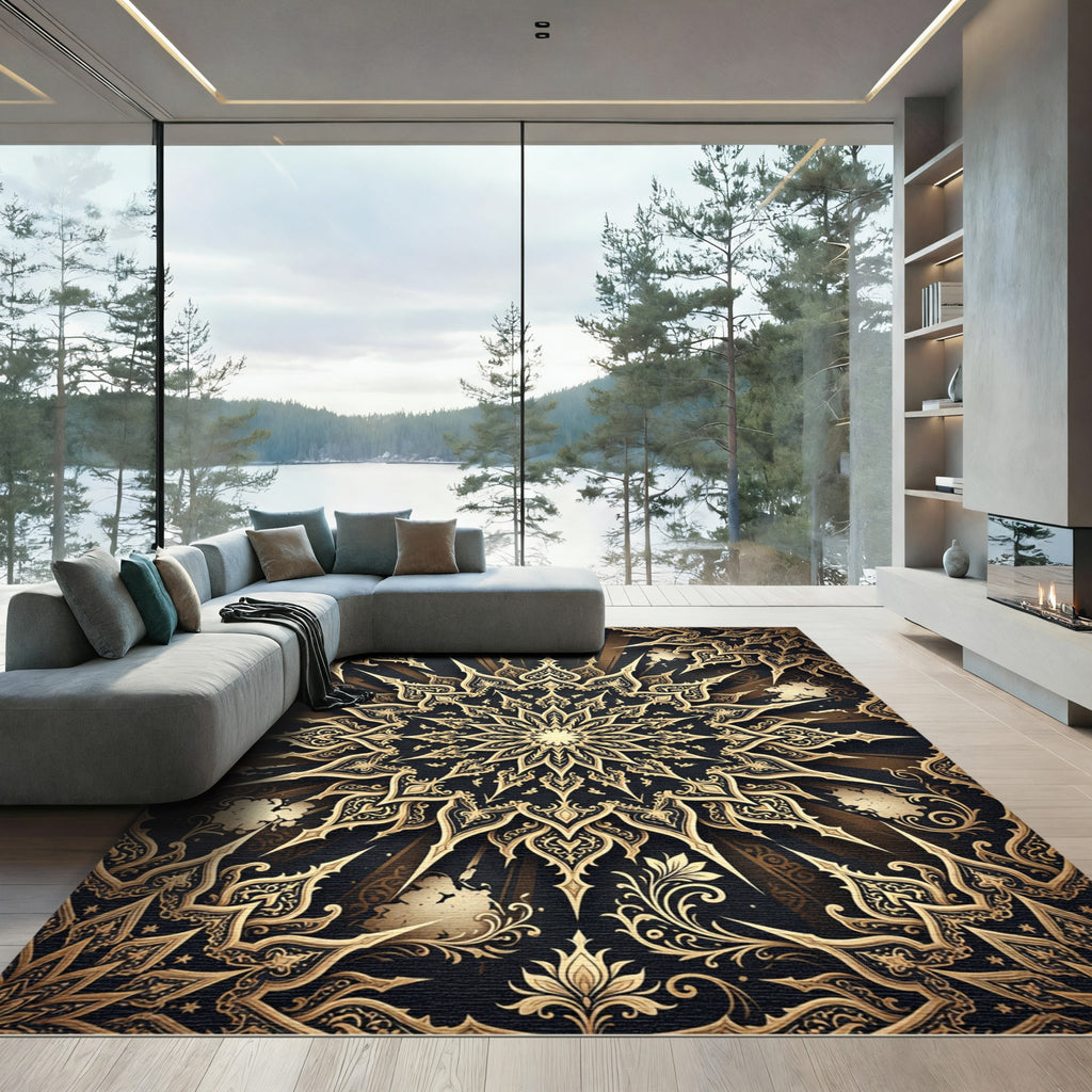 Gilded Mandala Emblem Luxury Noir Background Rug