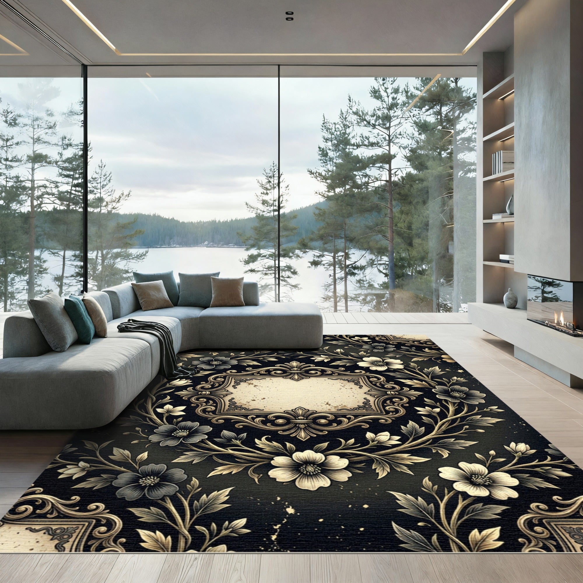Elegant Gold Floral Baroque Frame Rug