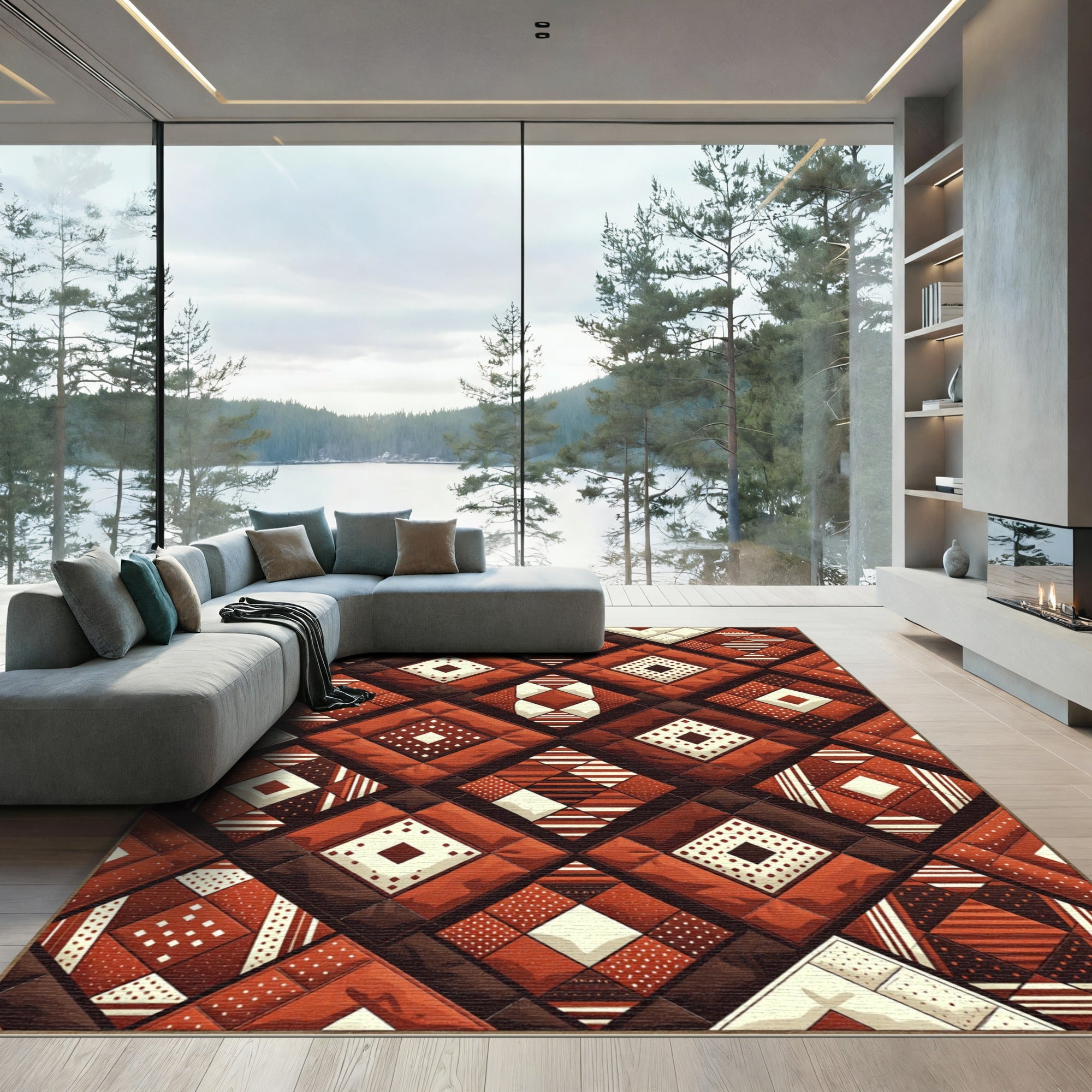 Terracotta Geometric Diamond Mosaic Quilt Rug