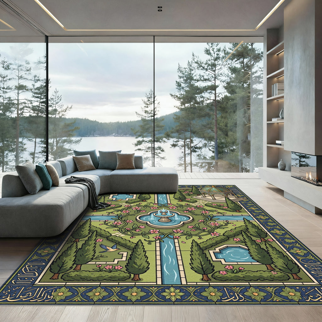 Green Courtyard Fountain Floral Garden Rug