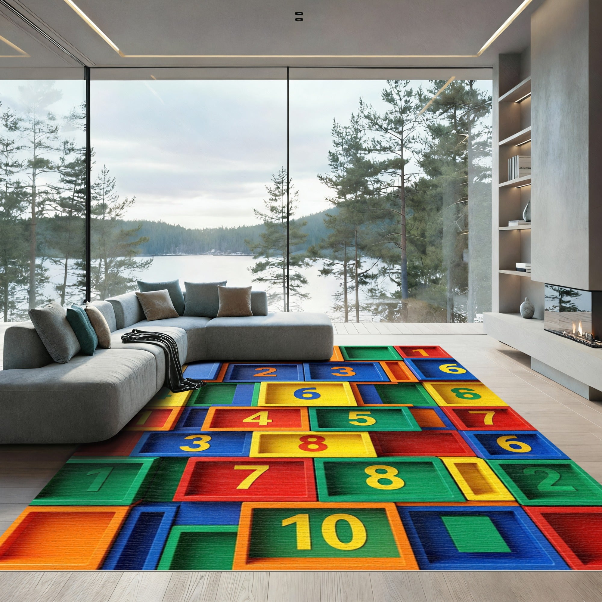 Vibrant Multicolor Geometric Number Grid Room Rug