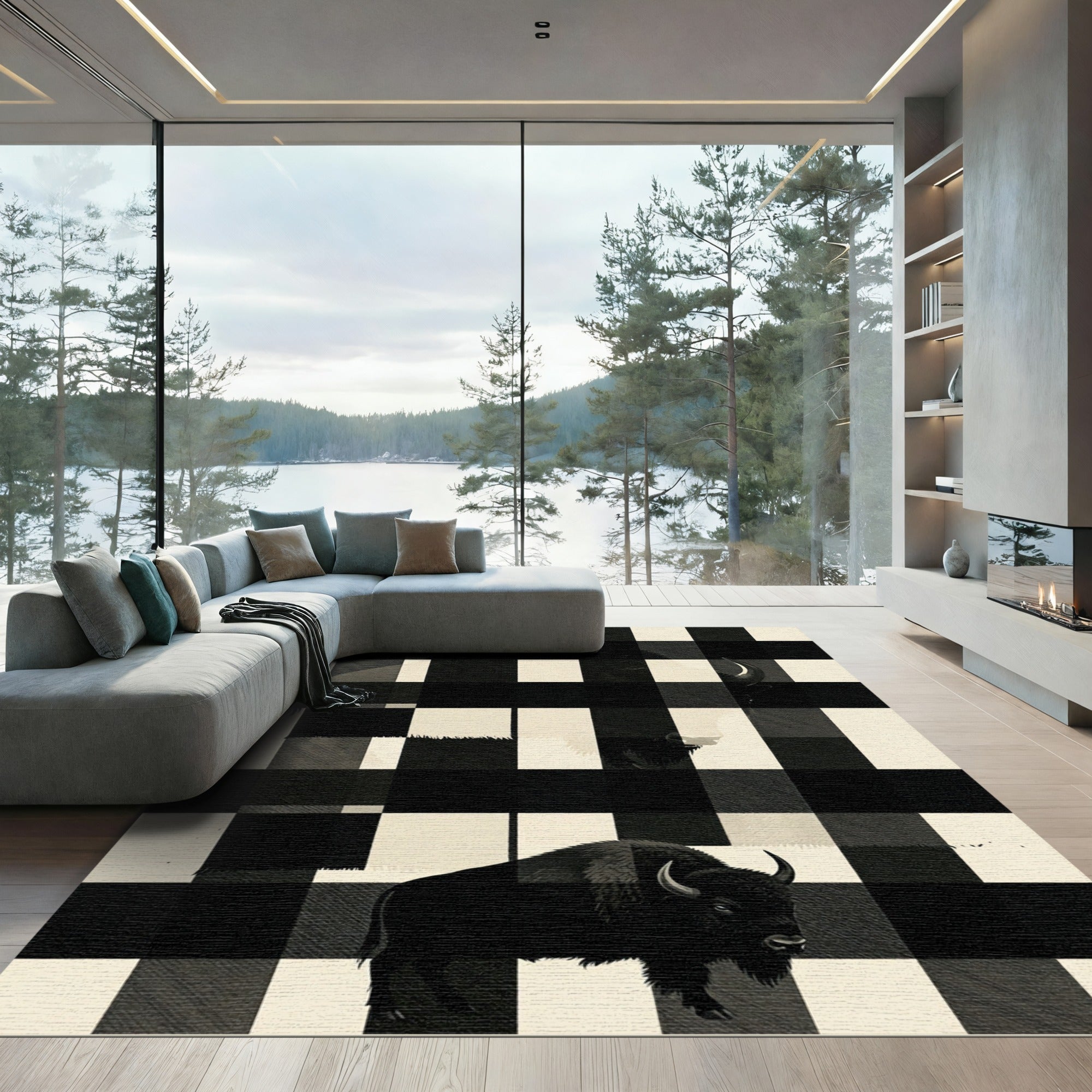 Graphic Buffalo Check Black White Animal Rug