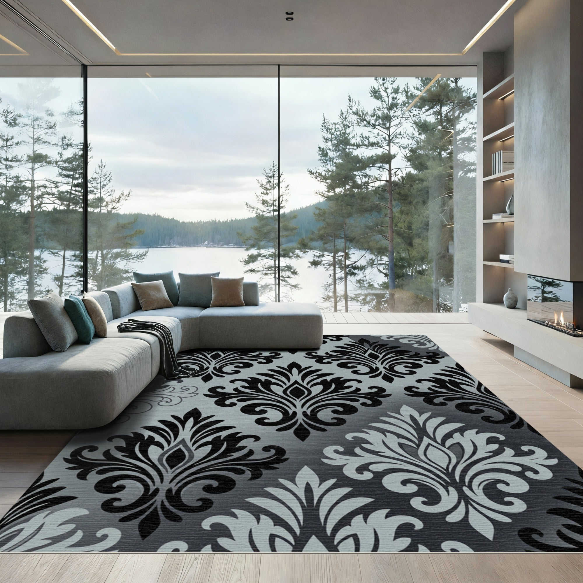 Sophisticated Black and Gray Damask Rug