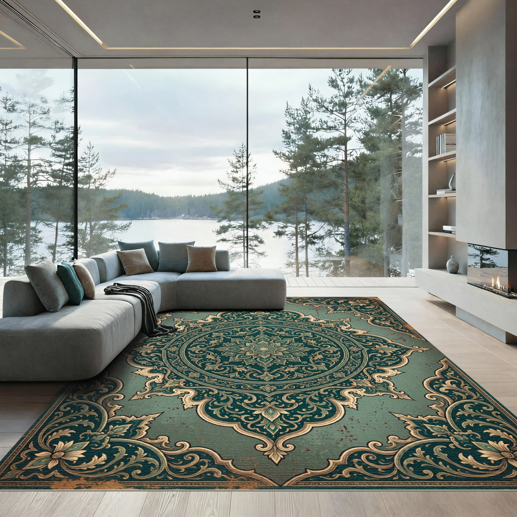 Ornate Sage Verdant Floral Medallion Rug