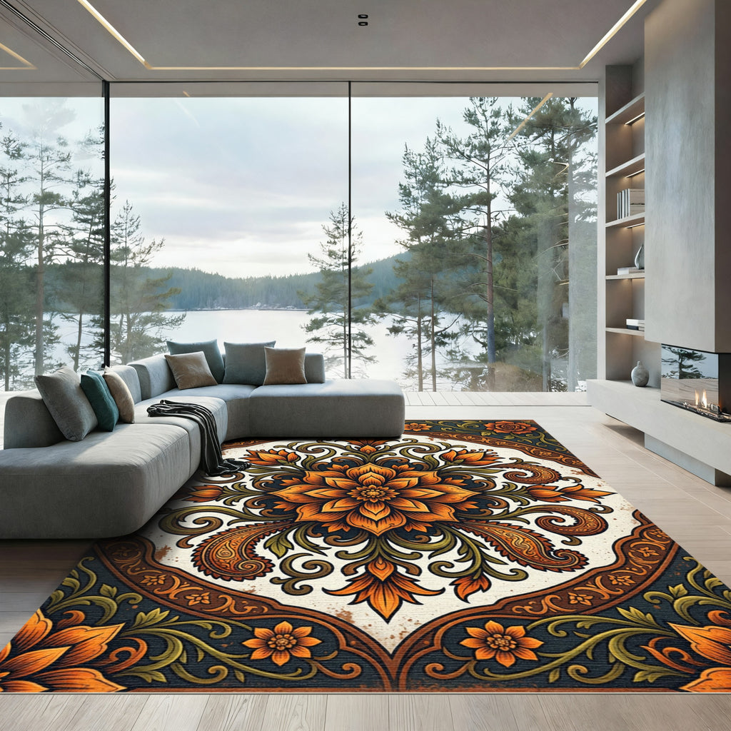 Elegant Autumn Orange Floral Medallion Rug