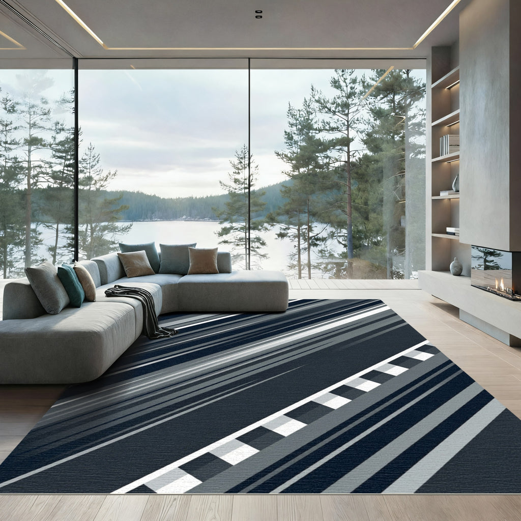 Modern Charcoal Gray Diagonal Striped Abstract Rug