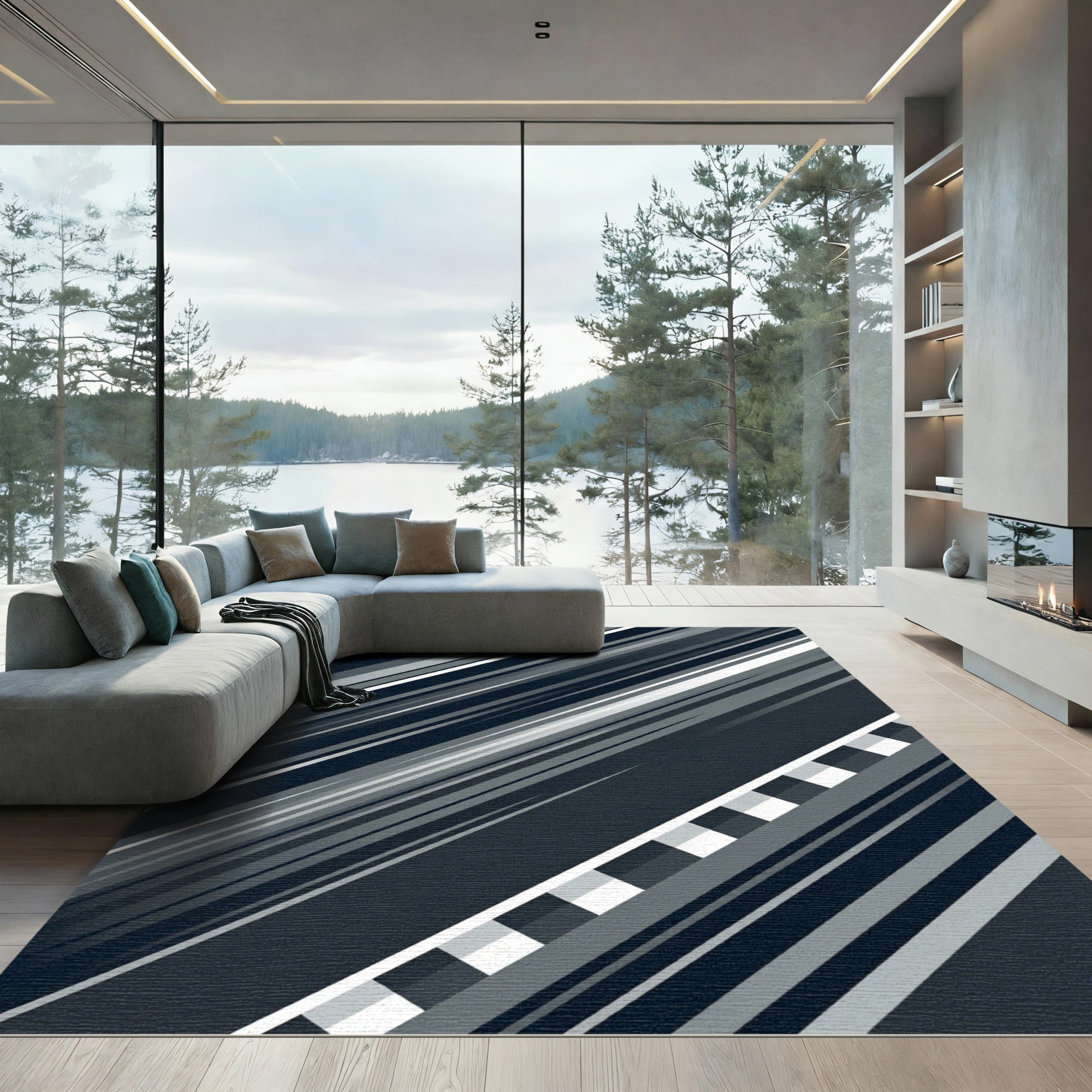 Modern Charcoal Gray Diagonal Striped Abstract Rug