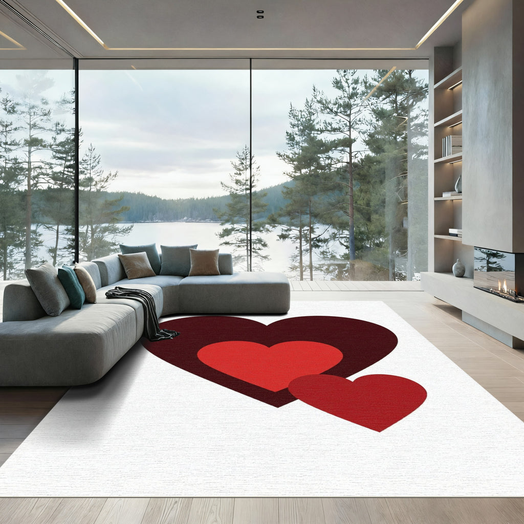 Layered Deep Burgundy and Crimson Hearts Rug