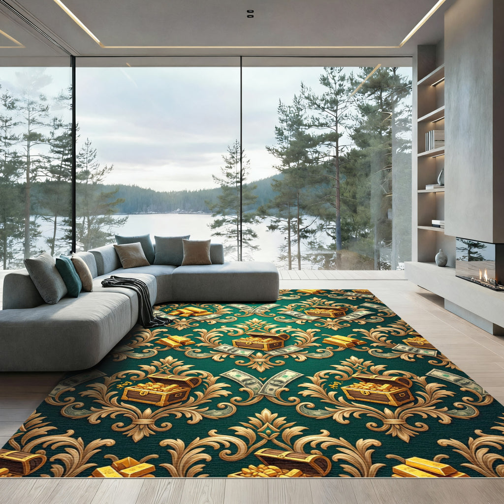Opulent Emerald Gold Treasure Damask Rug