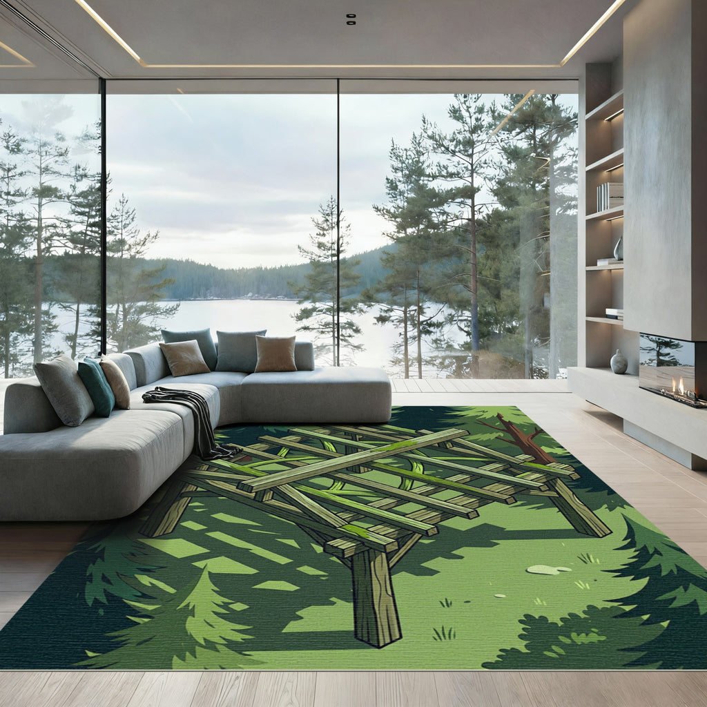 Mossy Timber Forest Frame Grid Rug