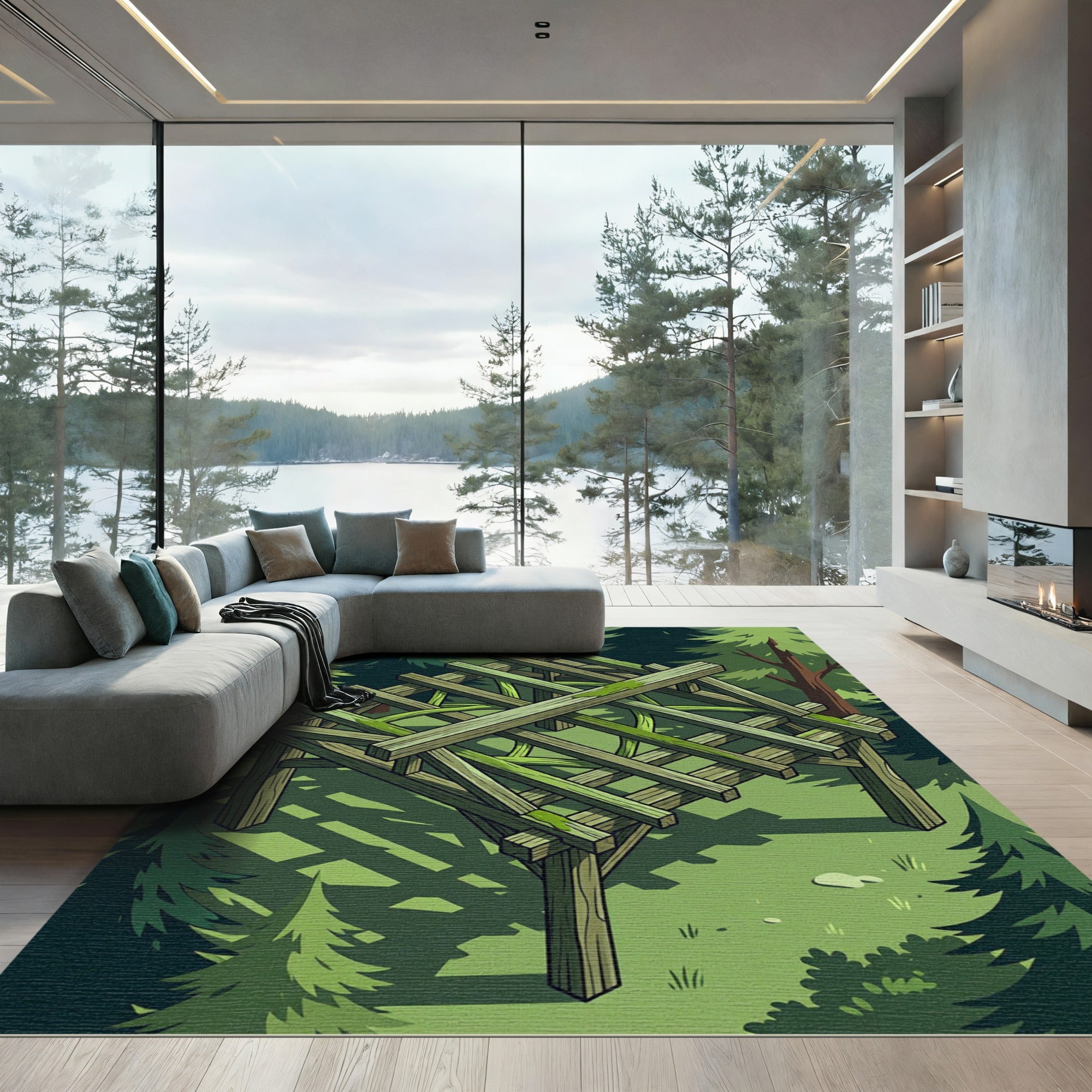 Mossy Timber Forest Frame Grid Rug