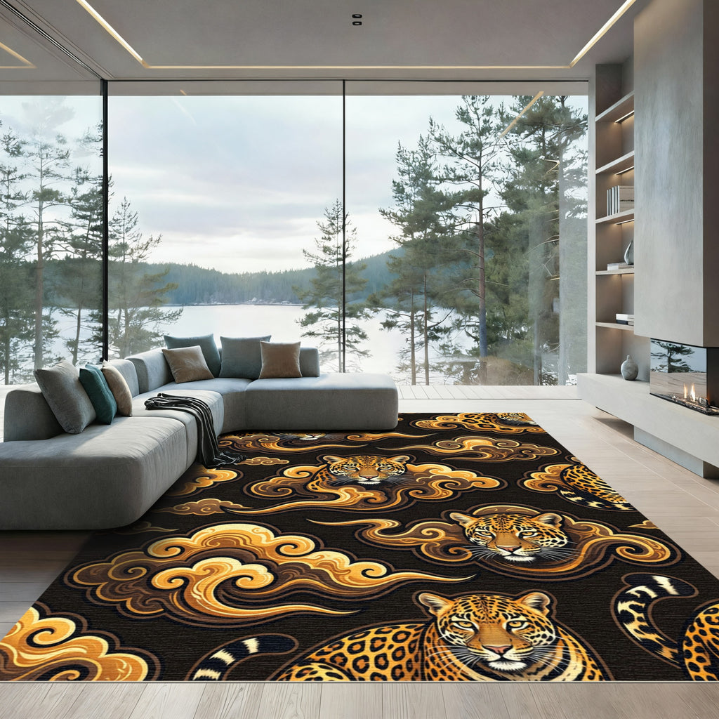 Golden Jaguar Amidst Swirling Clouds Rug