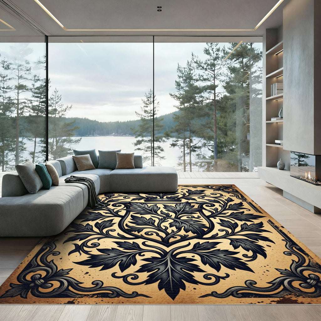 Ornate Charcoal Leaf Crest Archival Rug