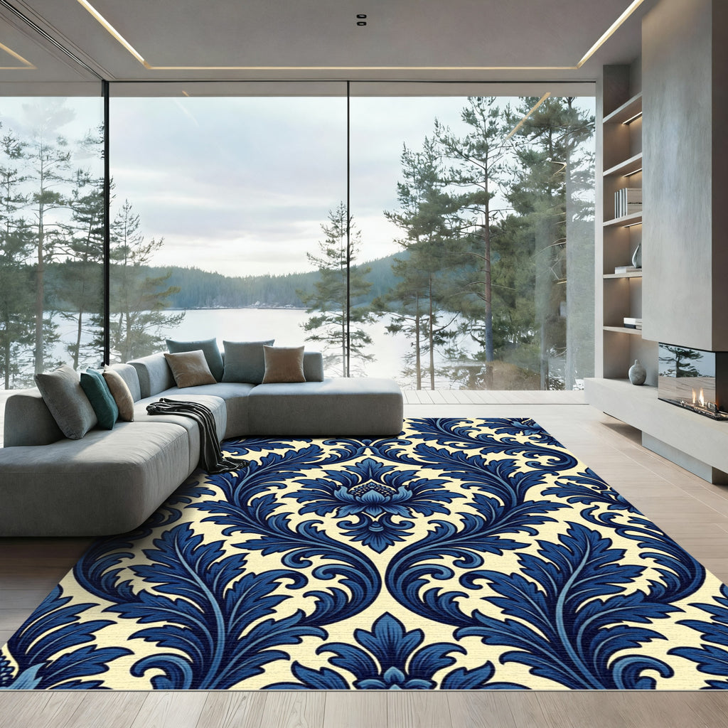 Deep Blue Opulent Scrollwork Imagery Rug